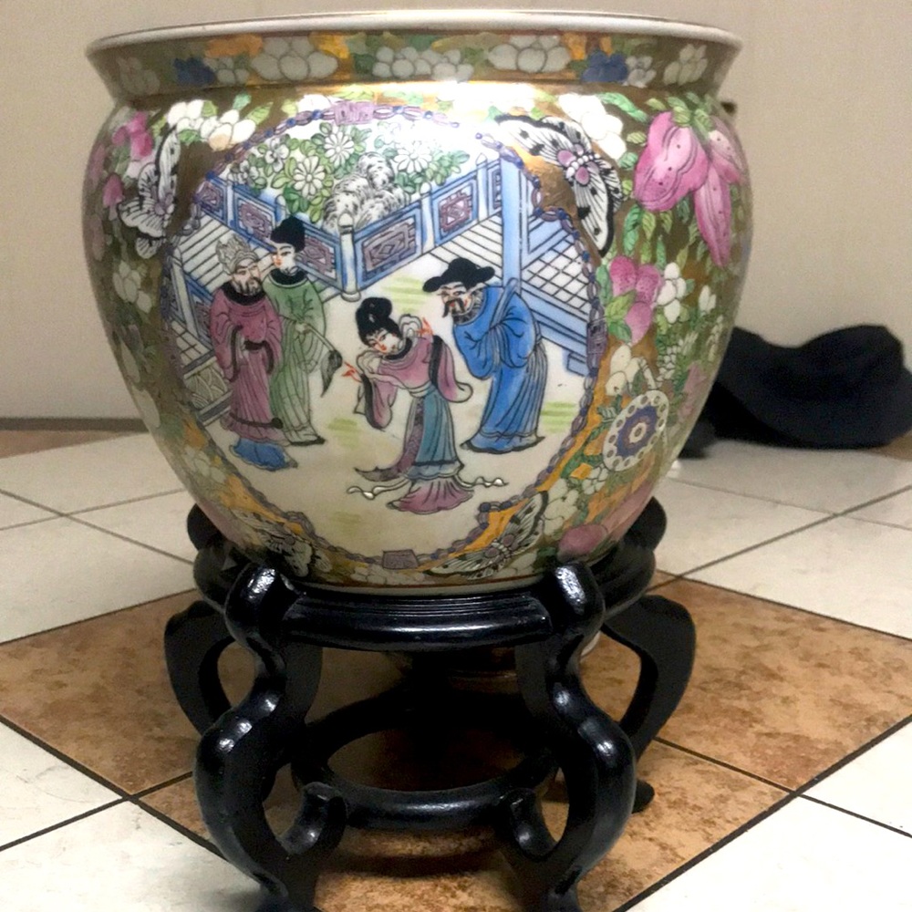 Vintage Japanese art plant bowl with stand